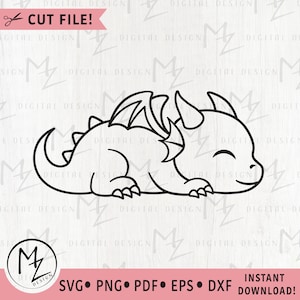 Schattige draak-svg | Fantasie-SVG | Draak voor kinderen | slapende draak SVG | Cricut snijbestand silhouet afdrukbare illustraties dxf png eps