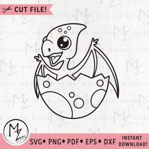 Pterodáctilo SVG Lindo bebé dinosaurio pterodáctilo en huevo Animal jurásico Contorno Archivo de corte Camiseta para niños Silueta Cricut Vinilo Cumpleaños de niños Clip Art