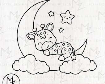 Baby Giraffe Sleeping on Moon SVG, Nursery Cut File (Digital Download)