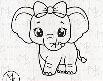 Cute Elephant with Bow SVG Baby Elephant Outline Cut File Cricut Silhouette Sweet Elephant Girl Shirt Bodysuit Safari Animal Vinyl Iron on