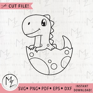 Arquivo de corte de contorno SVG de dinossauro bebê para silhueta Cricut Cute Dino em ovo Jurassic Animal Dino para crianças Vinil Clipart Download digital Laser