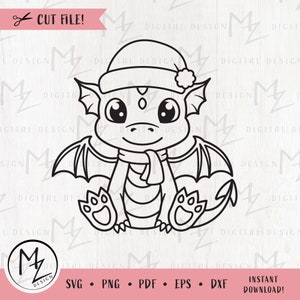 Christmas Dragon SVG Cute Dragon Outline cut file for Cricut Silhouette Dragon with Santa Hat Baby Dragon Kids Christmas Shirt Iron on Vinyl