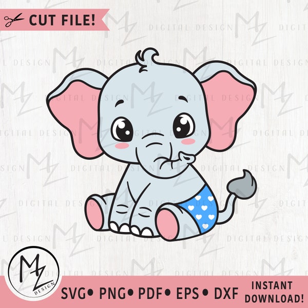 Baby Elephant SVG Sweet Elephant Boy Layered Cut File Cricut Silhouette Diaper New Born Baby Shower Boy Shirt Bodysuit Clipart Animal Vinyl