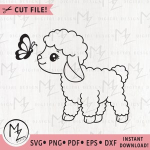 Mignon agneau SVG agneau et papillon bébé mouton ferme animaux contour fichier coupe Cricut Silhouette Pâques Clip Art chambre de bébé enfants gravure laser