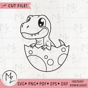 T-Rex SVG Lindo bebé dinosaurio Tiranosaurio Rex en huevo Animal jurásico Contorno Archivo de corte Camiseta para niños Silueta Cricut Vinilo Cumpleaños de niños Clip Art
