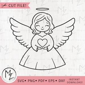 Cute Angel SVG Little Girl Angel Cut File for Cricut Silhouette Angel Holding Heart PNG Kids Angel Outline Clipart Vinyl Digital Download