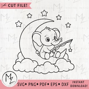 Bebé elefante SVG lindo elefante niño pesca estrellas en la luna contorno archivo de corte para Cricut silueta body vivero vinilo descarga digital