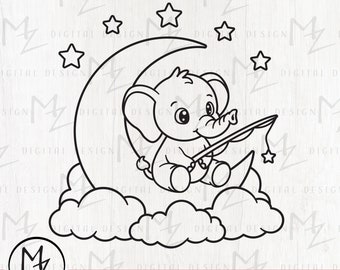 Baby Elephant Fishing Stars on Moon SVG, Nursery Cut File (Digital Download)