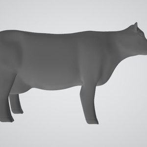 May include: A gray 3D model of a cow standing on a white background. The cow is facing to the right and is in a neutral pose.