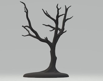May include: A black, stylized, wooden tree sculpture with bare branches. The tree is on a black base.
