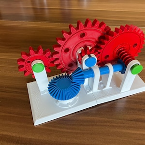 Könnte beinhalten: Ein 3D-gedrucktes mechanisches Getriebemodell mit roten Zahnrädern, einem blauen Kegelrad und einer blau-weißen Wellenbaugruppe, montiert auf einer weißen Basis. Das Modell dient zur Veranschaulichung mechanischer Prinzipien.