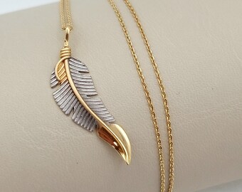18K Solid Gold Feather Pendant Necklace, Gold Leaf Necklace, 18K Cable Chain, Indian Leaf Necklace for Men/Women, Choker Feather Necklace!