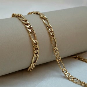 18K Solid Gold Figaro Chain & Bracelet, Pure 18K Gold Figaro Links Necklace, 5MM Thick Real Gold Chain Set for Men and Women, Birthday Gift!