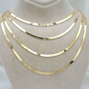 14K Solid Gold Herringbone Necklace/ Flat Snake Herringbone Choker/ 14&quot;- 20&quot; 14K Solid Yellow Gold High Polished 3mm Herringbone Necklace