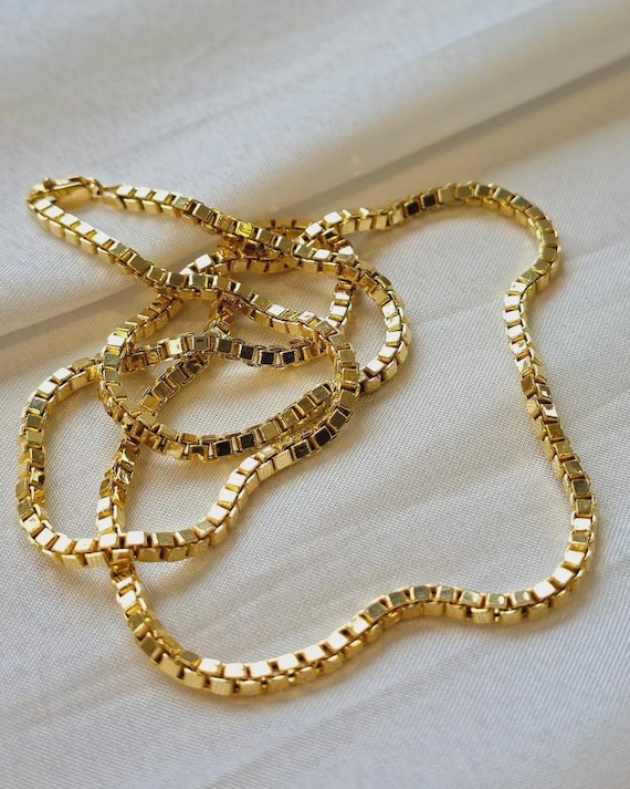 18K Solid Gold Box Chain Necklace, 18K Pure Gold Box Link Necklace, 3MM Thick High Polished 18K Solid Gold Chain for HimHer, Birthday Gift!