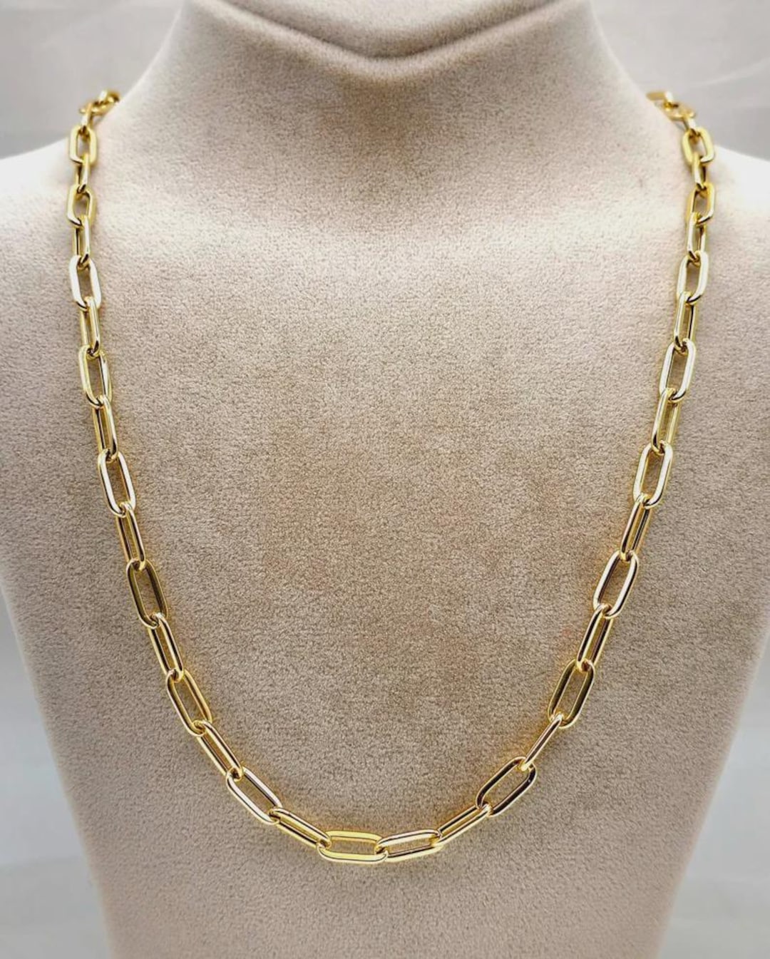 18K Solid Gold Paperclip Chain Necklace, Pure 18K Yellow Gold Link