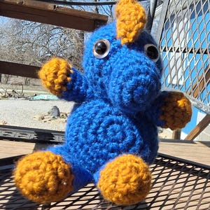 Dinosaur - soft, stuffed, blue, gold, crochet, weighted anxiety, sensory
