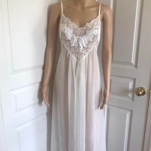 Vintage 90s Victoria’s Secret Off-White Bridal Slip Dress – Sheer Chiffon Nightgown with Satin and Lace Details, Size Medium