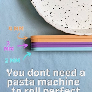 May include: Four silicone rolling slabs in different colors, stacked on top of each other. The slabs are 2 mm, 3 mm, and 4 mm thick. Text reads: "You don't need a pasta machine to roll perfect slabs!"