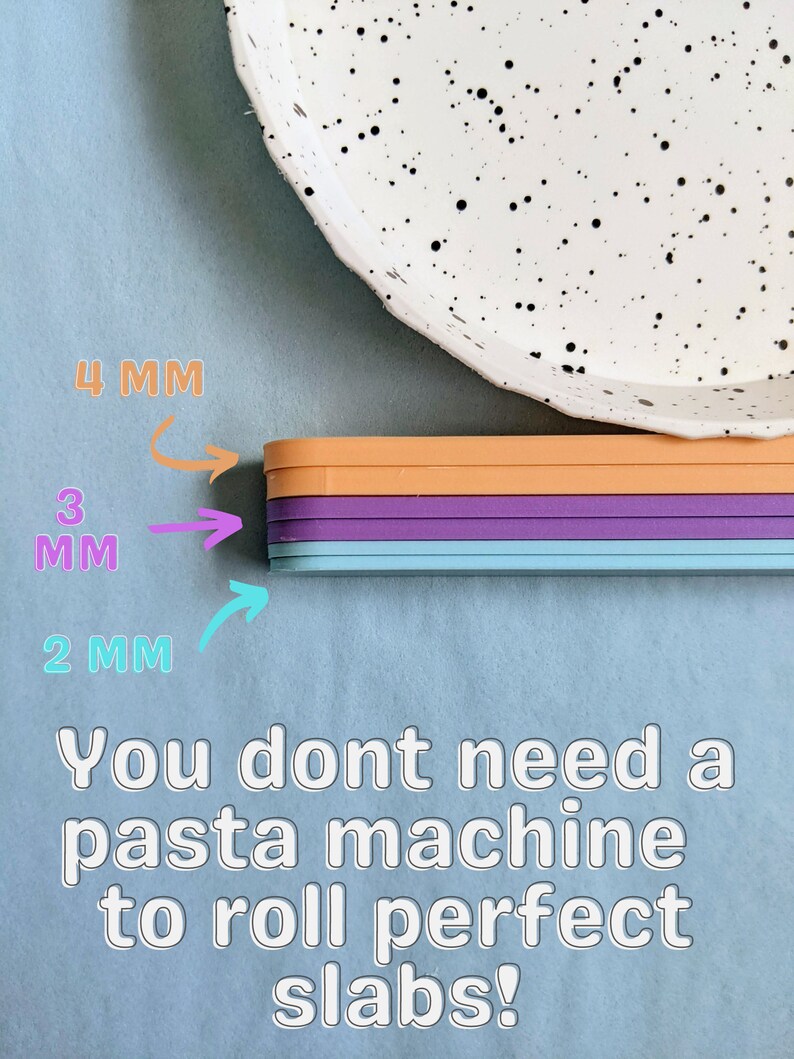 May include: Four silicone rolling slabs in different colors, stacked on top of each other. The slabs are 2 mm, 3 mm, and 4 mm thick. Text reads: "You don't need a pasta machine to roll perfect slabs!"