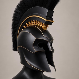 May include: A matte black Spartan-style helmet featuring gold trim accents along the edges and a central crest. The helmet includes a tall, thick black brush plume and a decorative gold spinal column structure positioned beneath the crest.