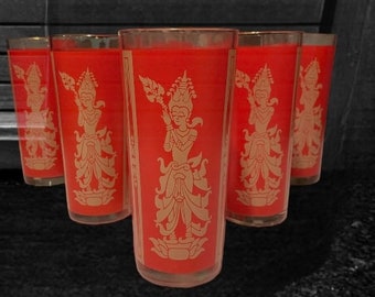 Vintage Culver Red Gold Siam Thai Goddess Highball Glasses Set of 5