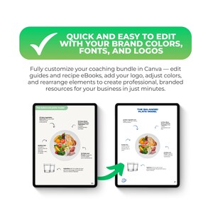May include: An image showcasing a coaching bundle customization process. The text reads "QUICK AND EASY TO EDIT WITH YOUR BRAND COLORS, FONTS, AND LOGOS." Two tablets display the "Balanced Plate Model" with food illustrations. The text also mentions editing guides and eBooks.