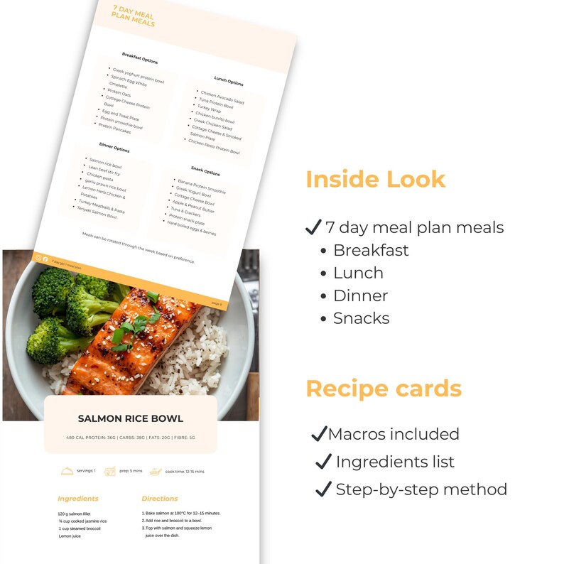 Puede incluir: Un plan de comidas de 7 d&iacute;as con una receta de taz&oacute;n de arroz con salm&oacute;n. El plan incluye opciones de desayuno, almuerzo, cena y refrigerios. La tarjeta de recetas proporciona macros, una lista de ingredientes y un m&eacute;todo paso a paso.