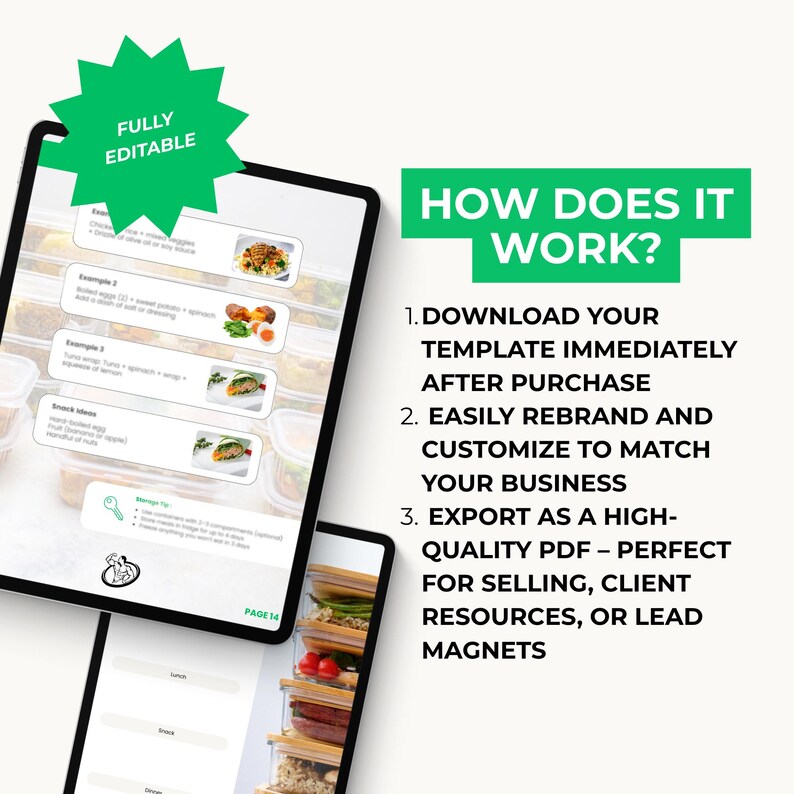 May include: Two tablets displaying meal prep ideas and the text "FULLY EDITABLE". The tablets show examples of meals with ingredients. The text "HOW DOES IT WORK?" is displayed with instructions on how to use the template.