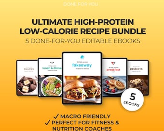 Paquete de recetas bajas en calorías y altas en proteínas para entrenadores de fitness, plantilla editable de libro electrónico de Canva, preparación de comidas, comidas saludables, pérdida de peso DFY