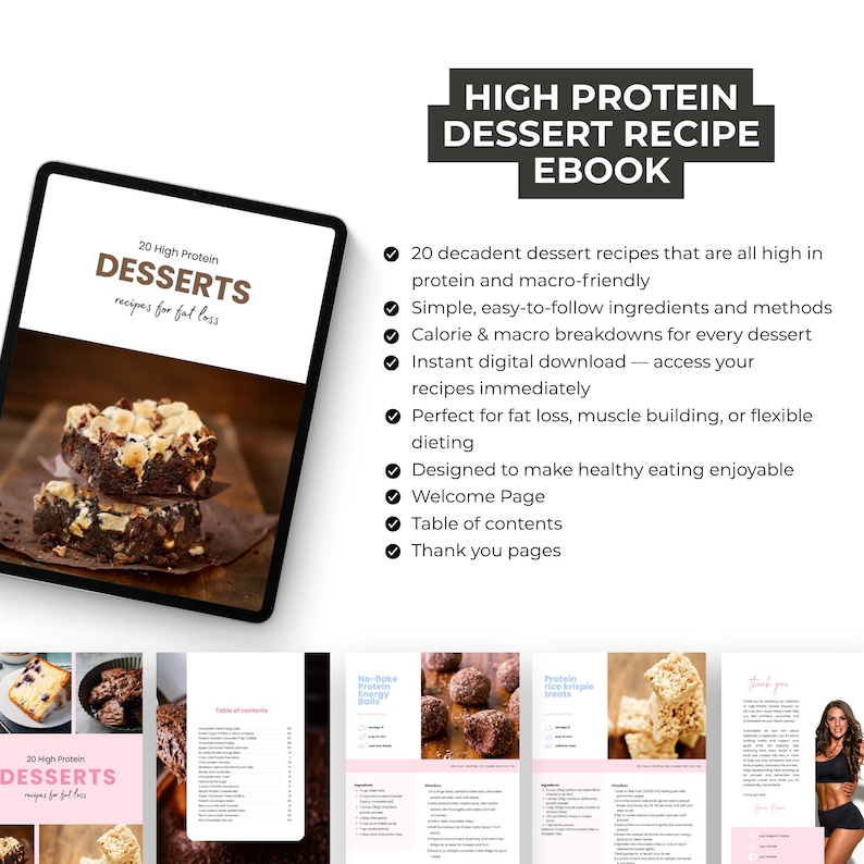 May include: A digital ebook titled "High Protein Dessert Recipe Ebook" with a tablet displaying a dessert recipe. The ebook promises 20 high-protein, macro-friendly dessert recipes with calorie breakdowns, and instant access.