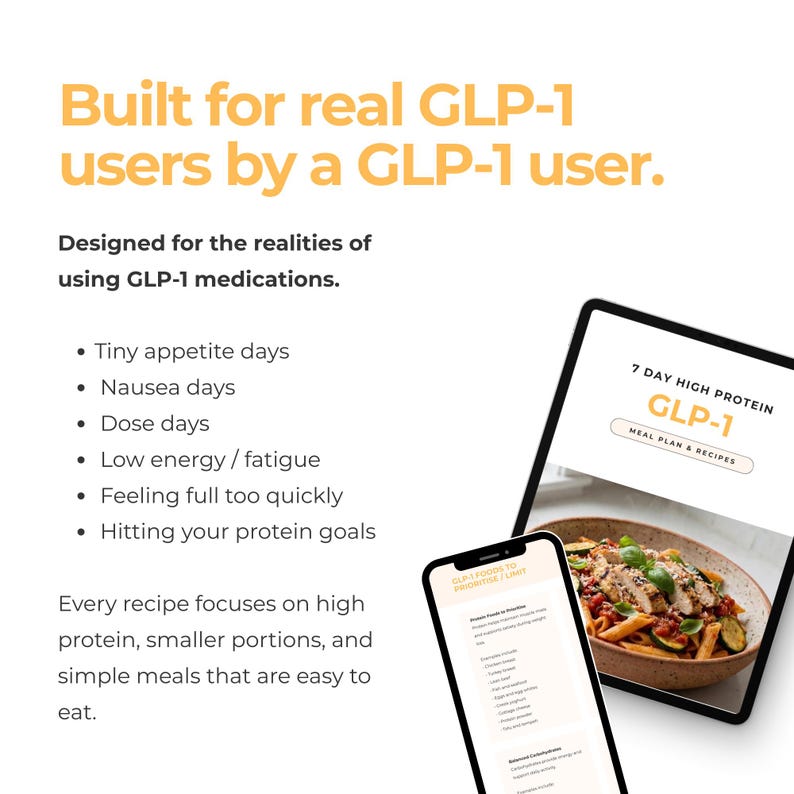 Puede incluir: Una tableta y un tel&eacute;fono inteligente muestran un plan de comidas y recetas con alto contenido de prote&iacute;nas. El texto dice: "Construido para usuarios reales de GLP-1 por un usuario de GLP-1." El plan se centra en prote&iacute;nas, porciones m&aacute;s peque&ntilde;as y comidas sencillas.