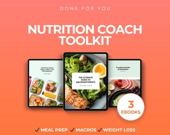 Kit de herramientas para coaches de nutrición, guía de macronutrientes, guía de preparación de comidas y libros electrónicos para bajar de peso, plantillas editables de Canva para coaches en línea.