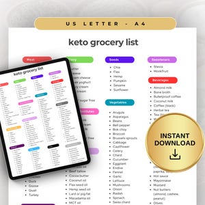 Keto Low Carb Food Chart, Diet Tracker & Einkaufsführer, druckbarer Mahlzeitenplaner, Sofortdownload