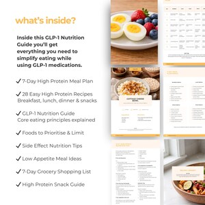 Puede incluir: Una gu&iacute;a de nutrici&oacute;n digital con el t&iacute;tulo "what's inside?" y el texto "Inside this GLP-1 Nutrition Guide you'll get everything you need to simplify eating while using GLP-1 medications." La gu&iacute;a incluye planes de comidas, recetas y gu&iacute;as de snacks.