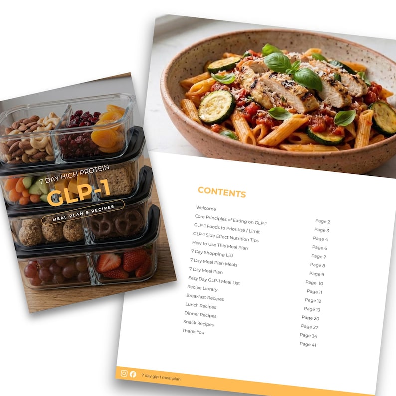 Puede incluir: Una gu&iacute;a de plan de comidas y recetas con el texto "7 DAY HIGH PROTEIN GLP-1 MEAL PLAN & RECIPES", un cuenco de pasta con calabac&iacute;n y pollo, y recipientes para preparar comidas con varios alimentos.