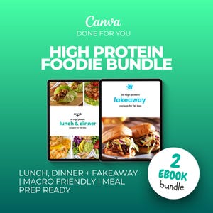 May include: A digital graphic promoting a "High Protein Foodie Bundle" with two ebooks. The ebooks are displayed on tablets, showcasing images of healthy meals. Text includes "Lunch, Dinner + Fakeaway" and "Macro Friendly | Meal Prep Ready."