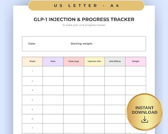 GLP-1 Injection Tracker Printable, Ozempic Wegovy Mounjaro Weight Loss, GLP1 Dose Log & Side Effects Journal, 12 Week Progress Tracker PDF