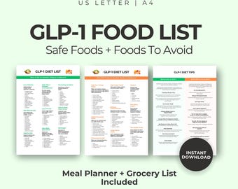 GLP-1 Food List Printable, What to Eat and Avoid on Ozempic Wegovy Zepbound, GLP-1 Diet Guide, Meal Planner and Grocery List PDF
