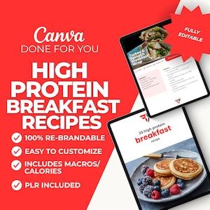 High-Protein Recipe eBook for Fitness Coaches, 25 Recipes, Editable Canva Template, PLR Guide to Resell or Brand as Own, Nutrition resource