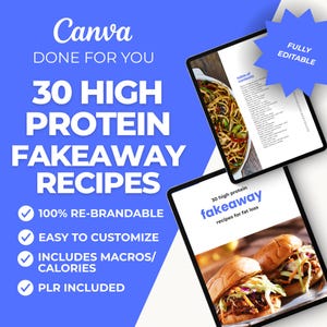 High Protein Macro-Friendly Meals Fakeaway Recipe eBook, Editable Canva Template, PLR rebrand as own for Fitness & Nutrition Coaches