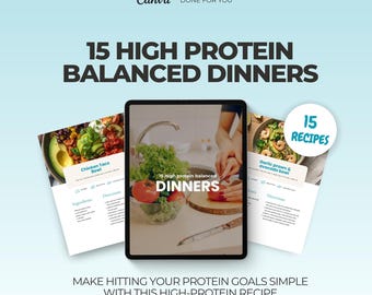 15 High Protein Dinner Recipes, Fat Loss Recipe, Nutrition Template Health Coach Ebook, Canva eBook Template