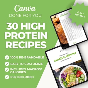30 High-Protein Recipes Editable Canva template recipe eBook Template, PLR Digital Product for Coaches & Nutrition Businesses macro friendly