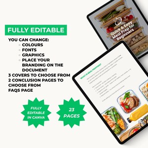 May include: Digital meal prep guide displayed on tablets. The guide features recipes and instructions for beginners. The text includes "Fully Editable" and "23 Pages." The guide is fully editable in Canva and includes options for colors, fonts, graphics, and branding.
