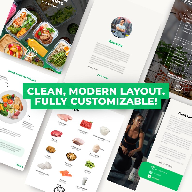 May include: A multi-page document with a clean, modern layout, showcasing meal prep containers filled with food, and a balanced plate model. The text "CLEAN, MODERN LAYOUT. FULLY CUSTOMIZABLE!" is displayed in a green banner.