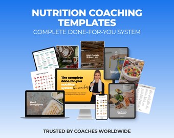Plantillas de Canva para entrenadores físicos, paquete de entrenamiento nutricional para entrenadores online, plantillas de planes de comidas, hojas de seguimiento de macronutrientes, nutrición del cliente.