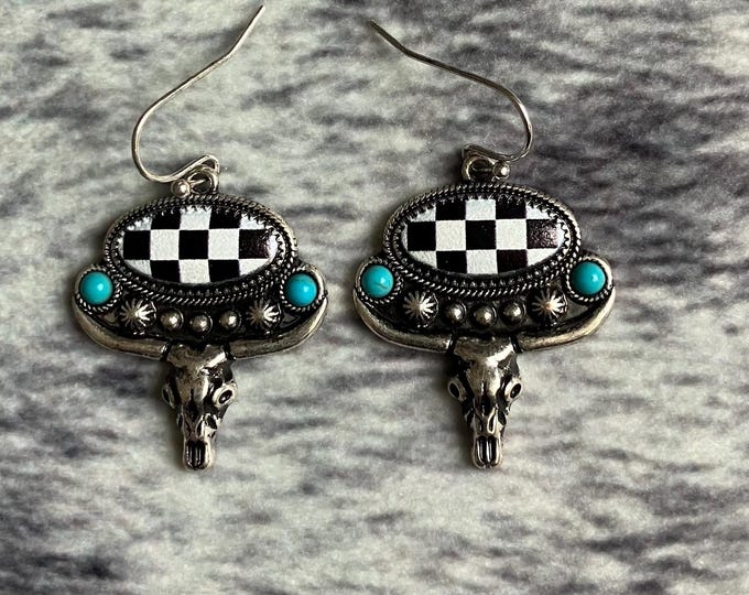 Checkered Steer Skull Earrings