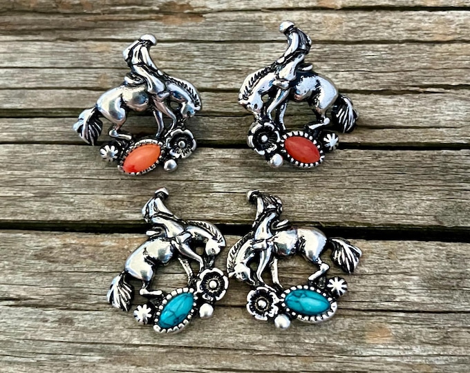 Bronc Rider Stone Earrings – Turquoise & Coral Western Studs