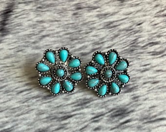 Western Turquoise Flower Stud Earrings | Vintage-Inspired Cowgirl Jewelry | Boho Southwest Floral Studs | Rodeo Ready Accessories