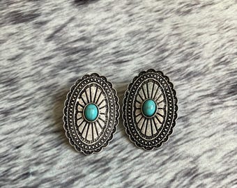 Western Concho Stud Earrings | Turquoise Accent | Cowgirl Jewelry | Vintage-Style Silver Earrings |